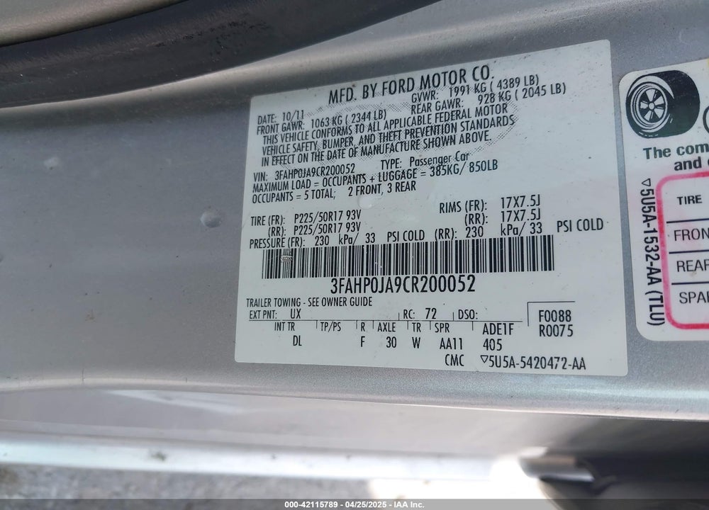 2012 FORD FUSION SEL VIN: 3FAHP0JA9CR200052
