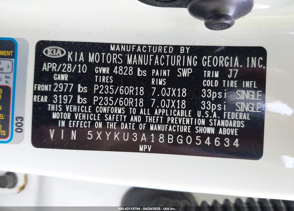2011 KIA SORENTO EX VIN: 5XYKU3A18BG054634