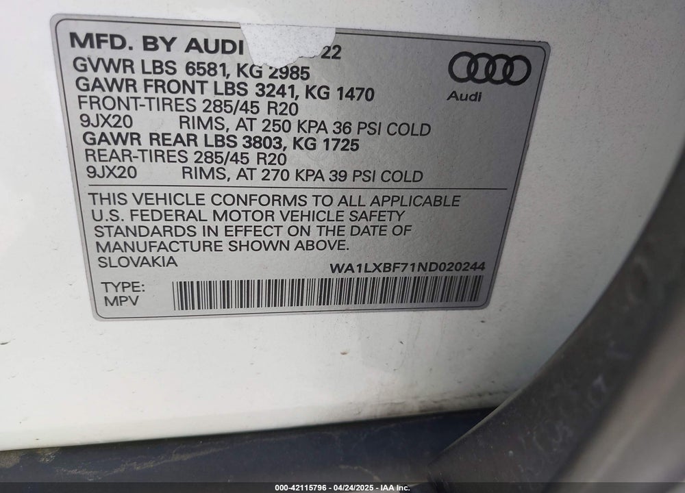 2022 AUDI Q7 VIN: WA1LXBF71ND020244