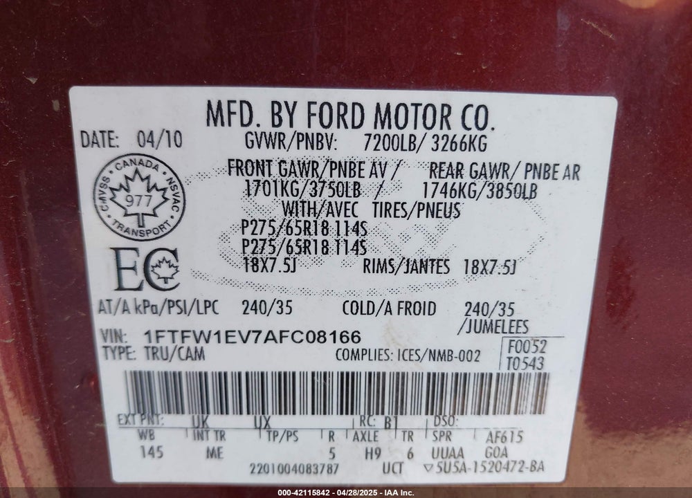 2010 FORD F-150 VIN: 1FTFW1EV7AFC08166