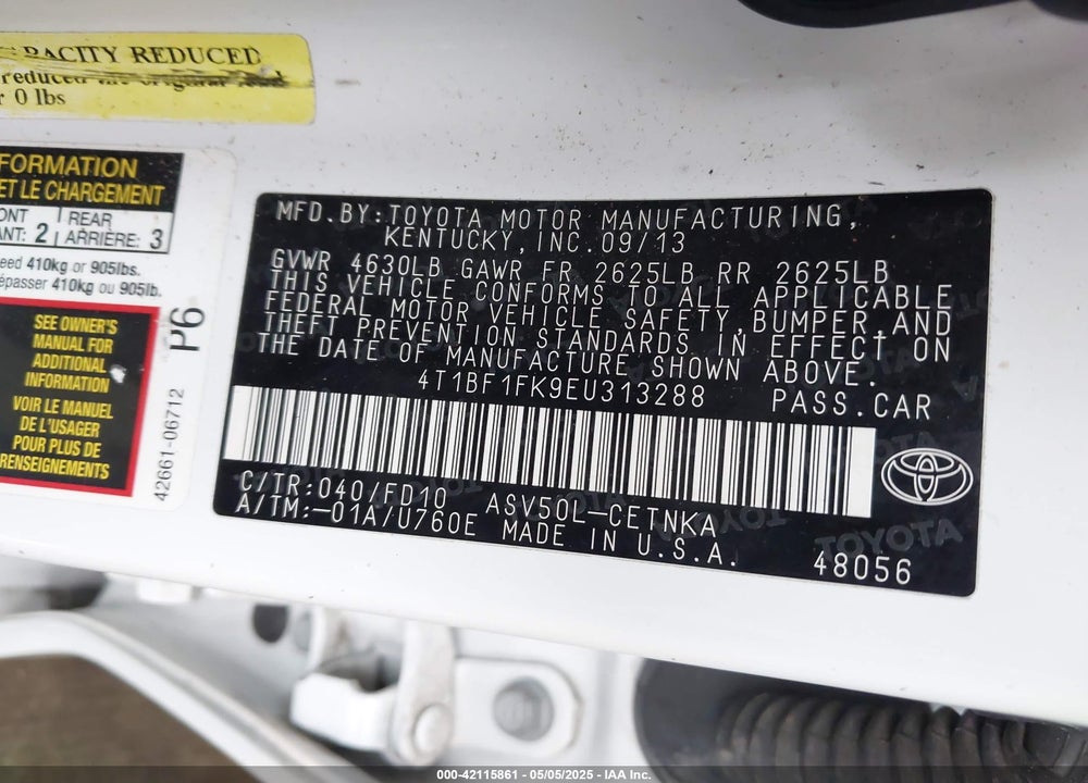 2014 TOYOTA CAMRY VIN: 4T1BF1FK9EU313288