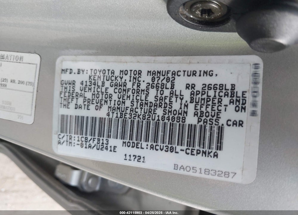 2002 TOYOTA CAMRY LE VIN: 4T1BE32K82U104088