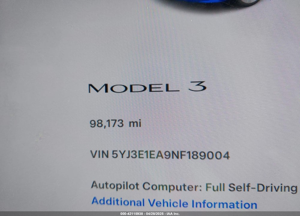 2022 TESLA MODEL 3 VIN: 5YJ3E1EA9NF189004