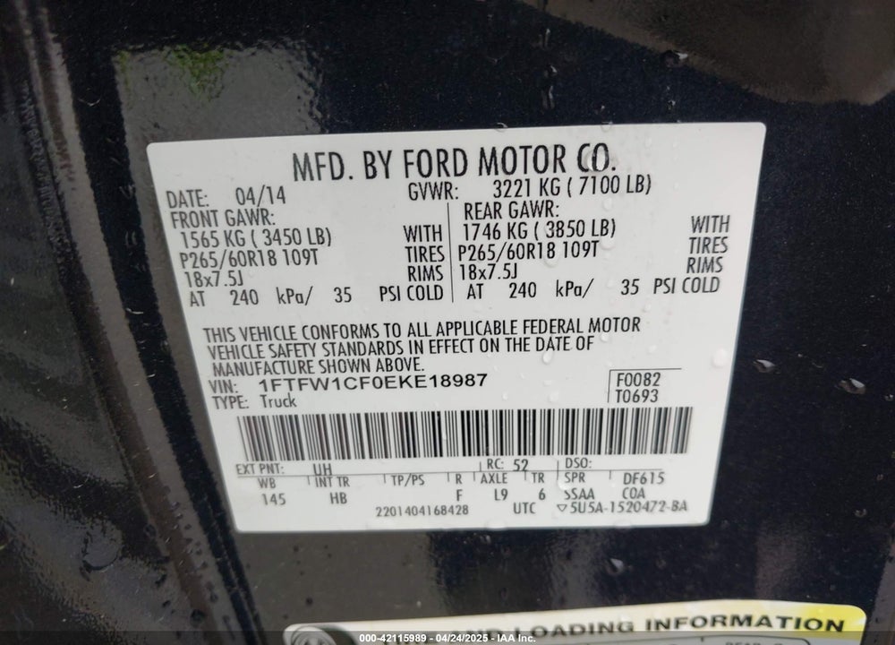 2014 FORD F-150 VIN: 1FTFW1CF0EKE18987