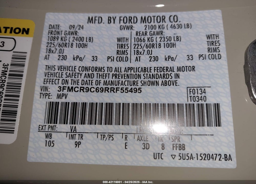 2024 FORD BRONCO SPORT OUTER BANKS VIN: 3FMCR9C69RRF55495