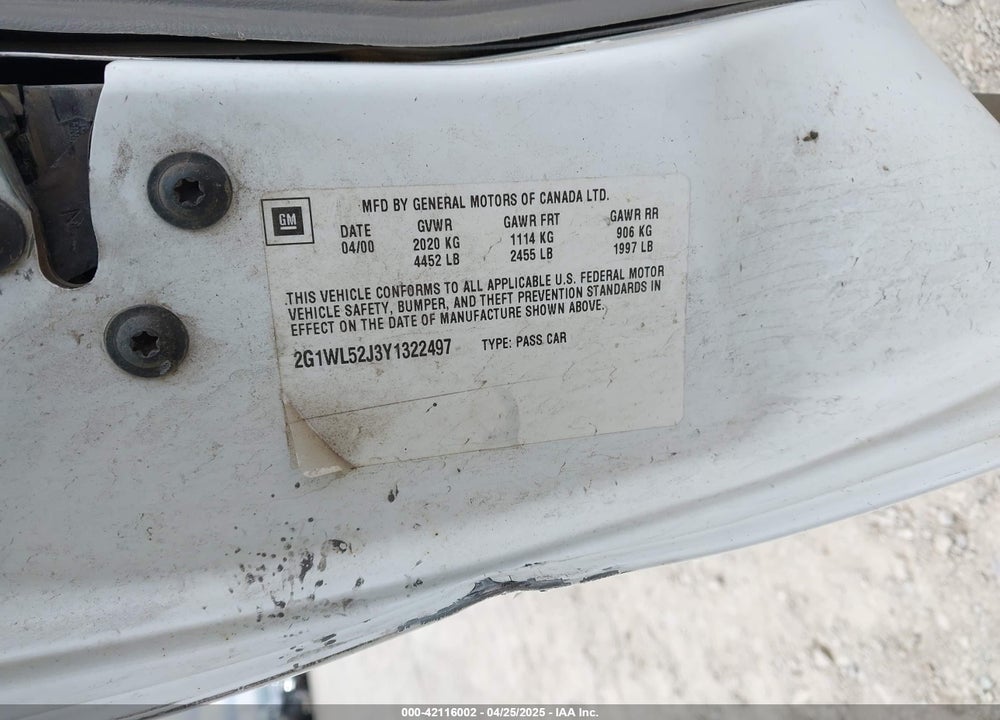 2000 CHEVROLET LUMINA VIN: 2G1WL52J3Y1322497
