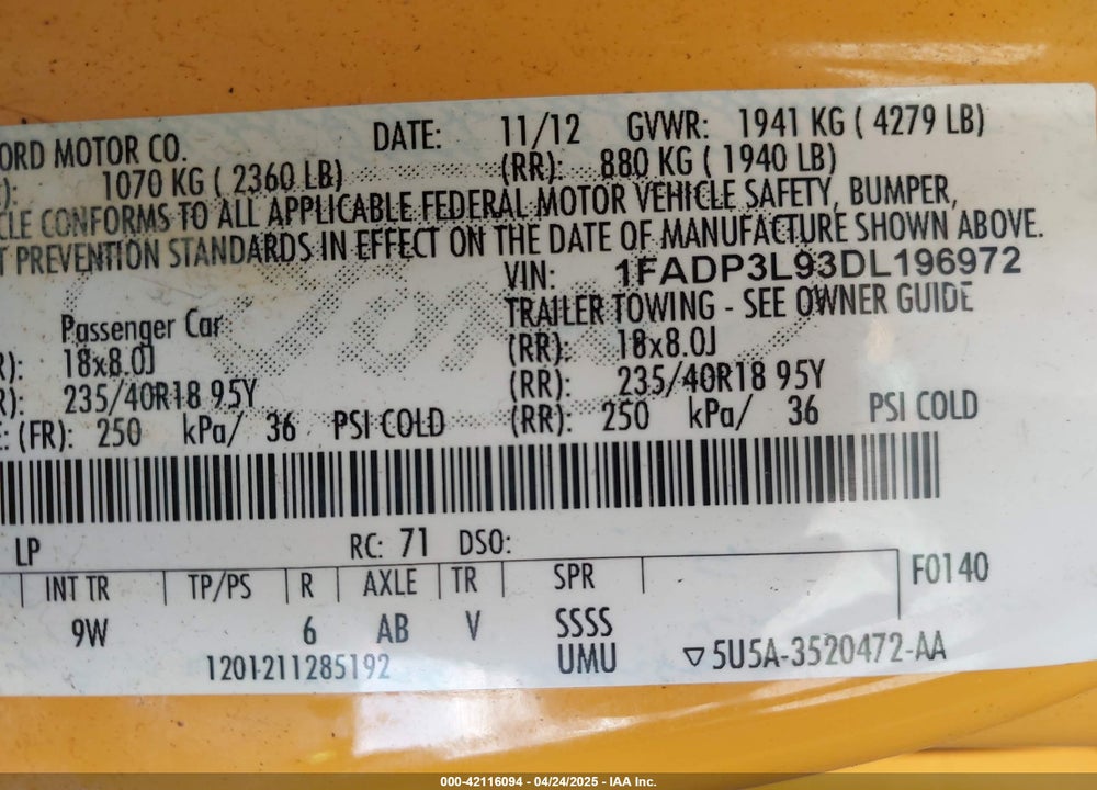 2013 FORD FOCUS ST VIN: 1FADP3L93DL196972
