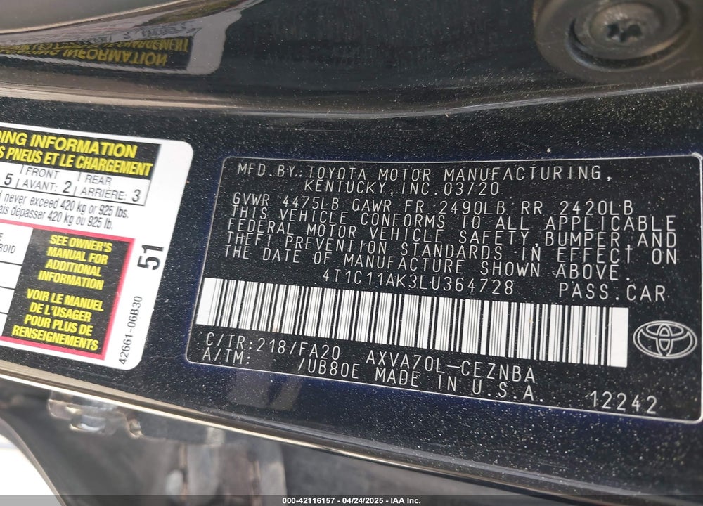 2020 TOYOTA CAMRY VIN: 4T1C11AK3LU364728