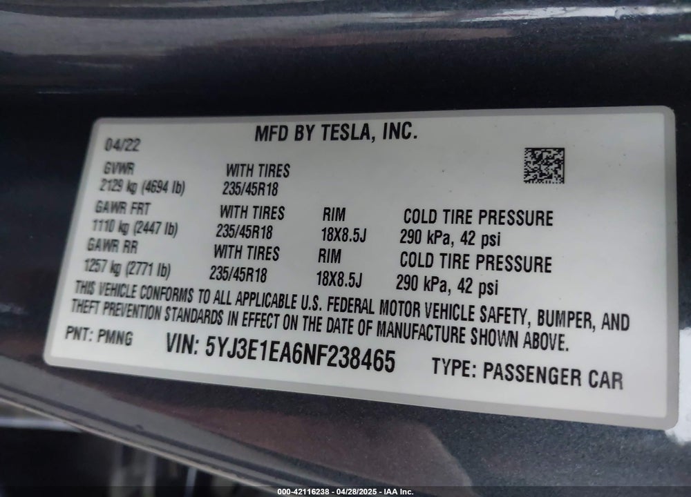 2022 TESLA MODEL 3 REAR-WHEEL DRIVE VIN: 5YJ3E1EA6NF238465