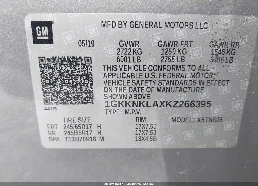 2019 GMC ACADIA SLE-1 VIN: 1GKKNKLAXKZ266395