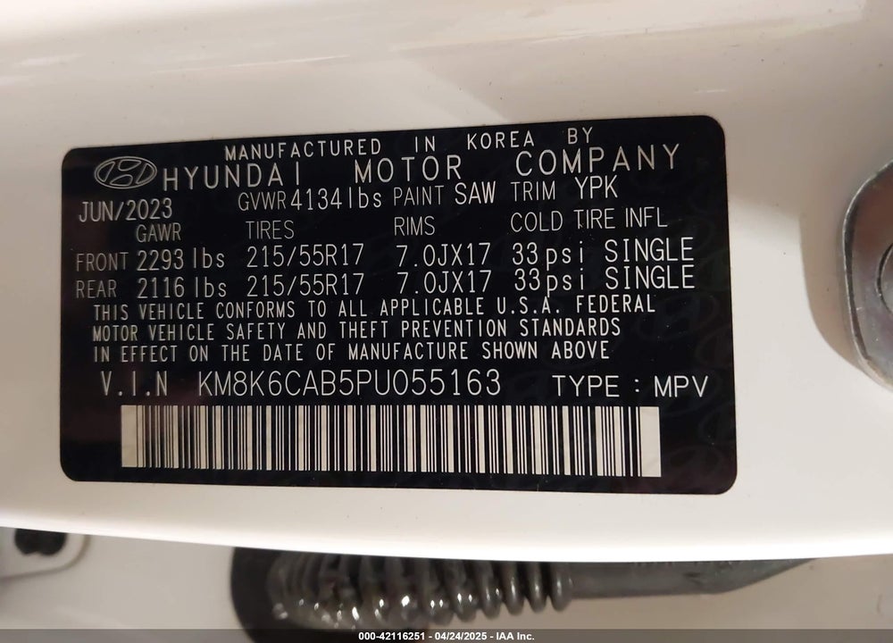 2023 HYUNDAI KONA SEL VIN: KM8K6CAB5PU055163