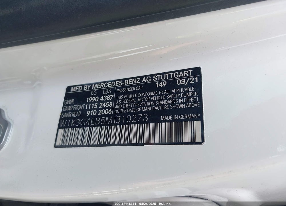 2021 MERCEDES-BENZ A 220 VIN: W1K3G4EB5MJ310273