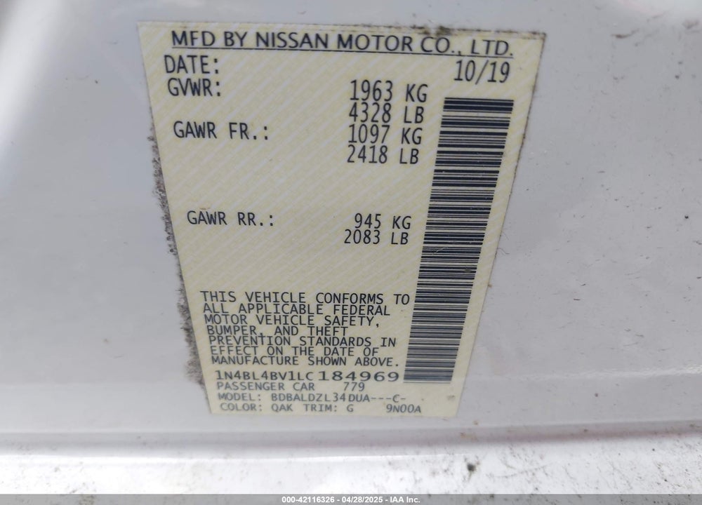 2020 NISSAN ALTIMA S FWD VIN: 1N4BL4BV1LC184969
