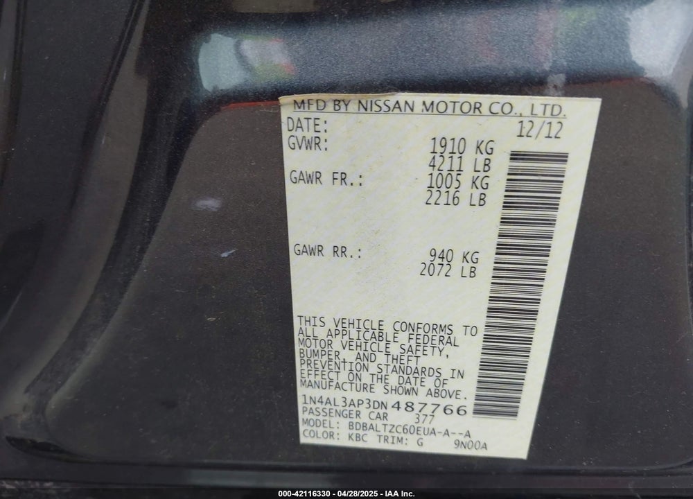 2013 NISSAN ALTIMA 2.5 SV VIN: 1N4AL3AP3DN487766