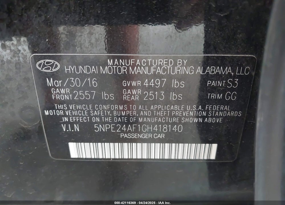 2016 HYUNDAI SONATA VIN: 5NPE24AF1GH418140