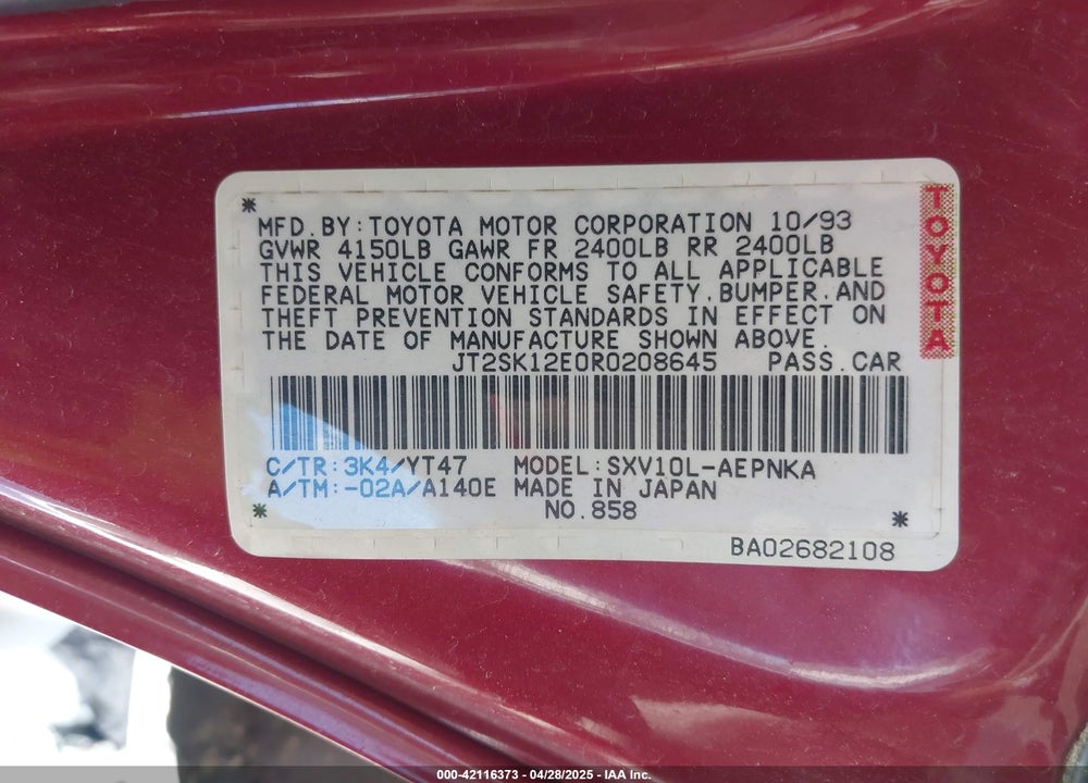 1994 TOYOTA CAMRY LE VIN: JT2SK12E0R0208645