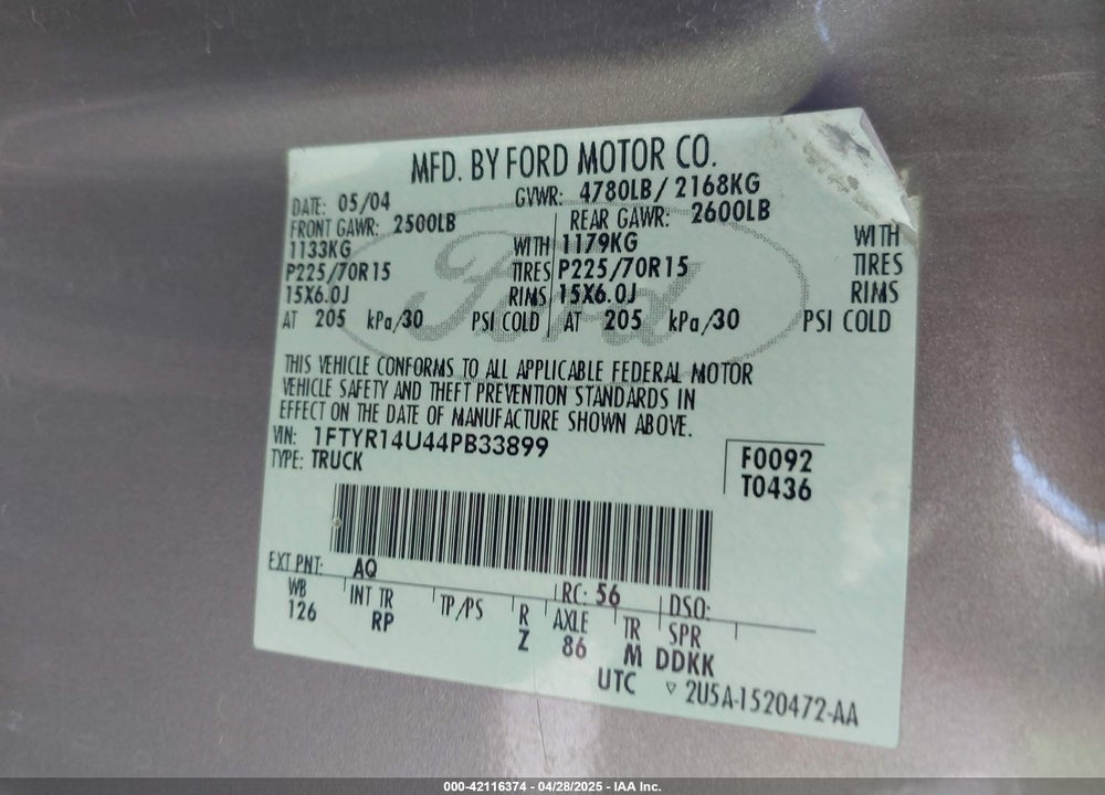 2004 FORD RANGER EDGE/TREMOR/XL/XLT VIN: 1FTYR14U44PB33899