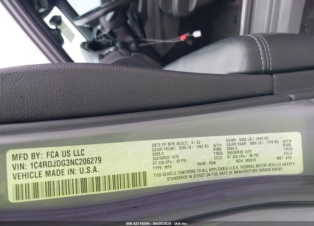 2022 DODGE DURANGO VIN: 1C4RDJDG3NC206279