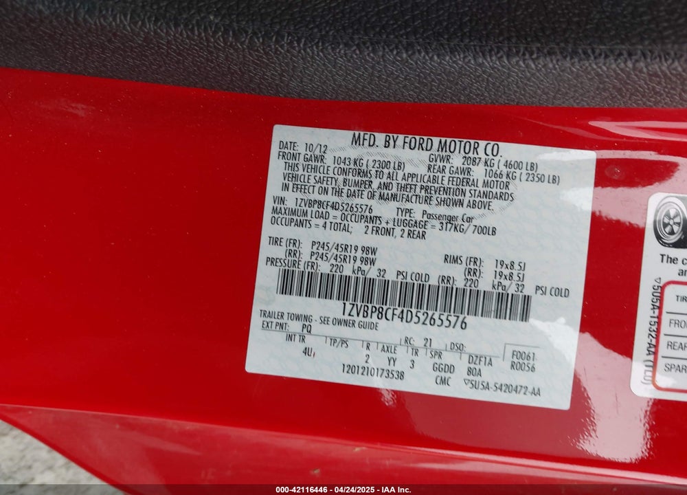 2013 FORD MUSTANG VIN: 1ZVBP8CF4D5265576