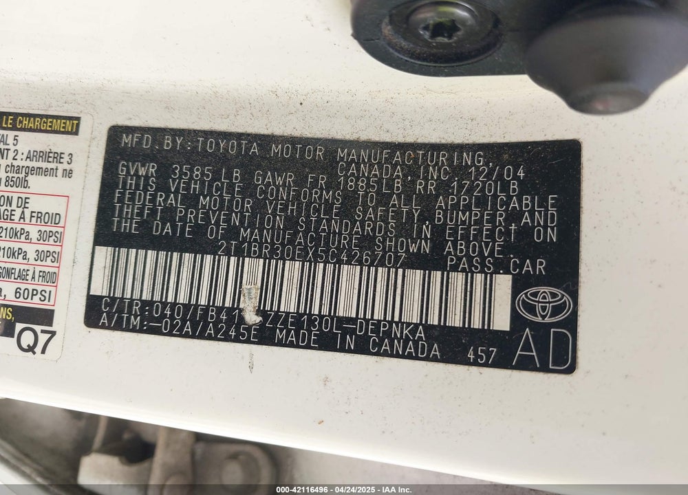 2005 TOYOTA COROLLA LE VIN: 2T1BR30EX5C426707