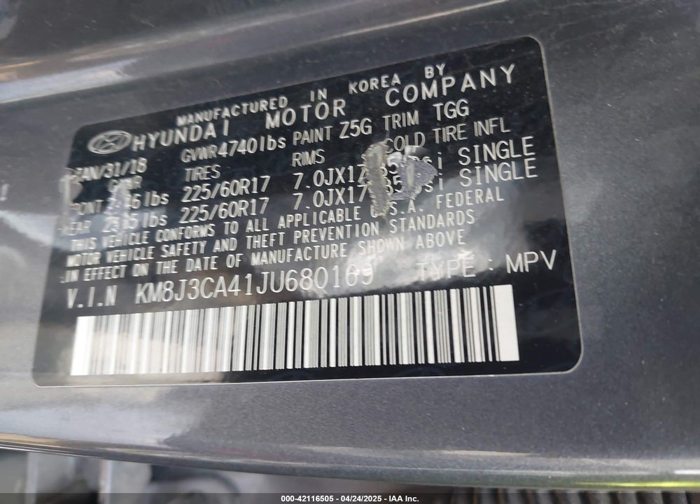 2018 HYUNDAI TUCSON VIN: KM8J3CA41JU680169