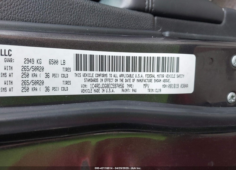 2014 DODGE DURANGO LIMITED VIN: 1C4RDJDG8EC597056