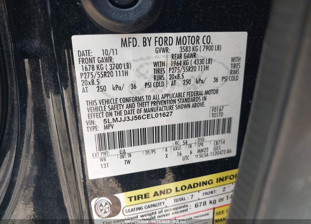2012 LINCOLN NAVIGATOR L VIN: 5LMJJ3J56CEL01627