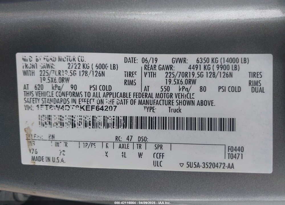 2019 FORD F-450 PLATINUM VIN: 1FT8W4DT8KEF64207