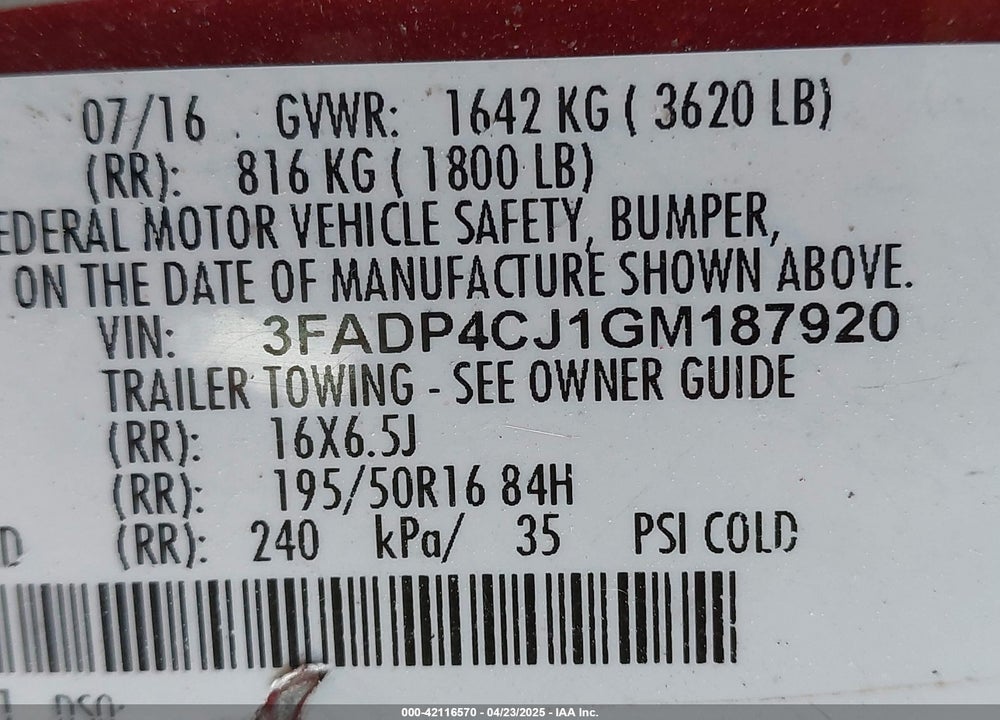 2016 FORD FIESTA VIN: 3FADP4CJ1GM187920