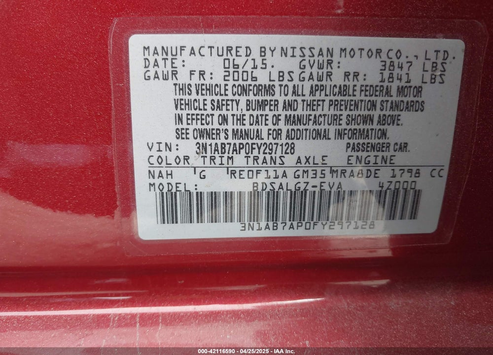 2015 NISSAN SENTRA SL VIN: 3N1AB7AP0FY297128