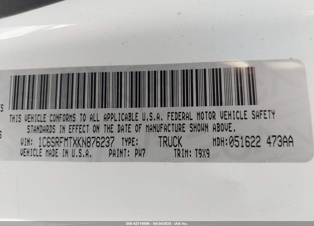 2019 RAM 1500 VIN: 1C6SRFMTXKN876237