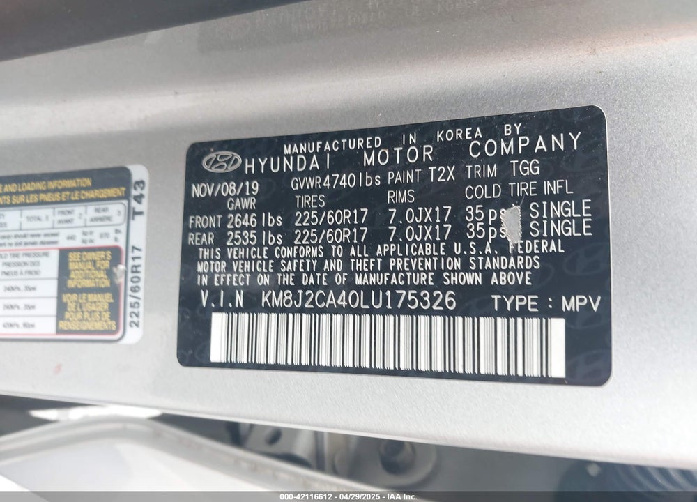 2020 HYUNDAI TUCSON VIN: KM8J2CA40LU175326