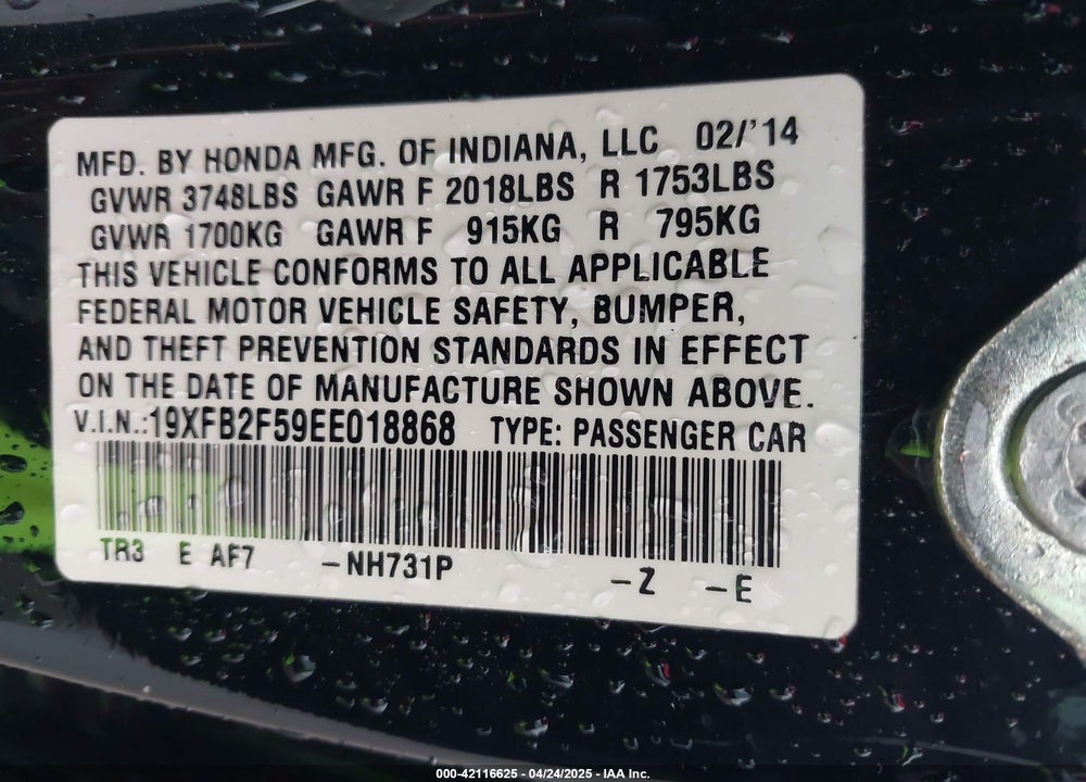 2014 HONDA CIVIC LX VIN: 19XFB2F59EE018868