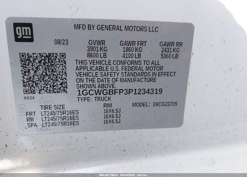 2023 CHEVROLET EXPRESS CARGO RWD 2500 EXTENDED WHEELBASE WT VIN: 1GCWGBFP3P1234319