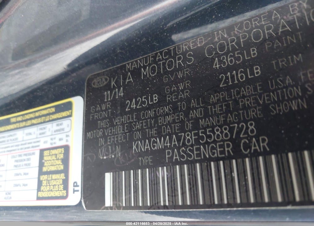 2015 KIA OPTIMA LX VIN: KNAGM4A78F5588728