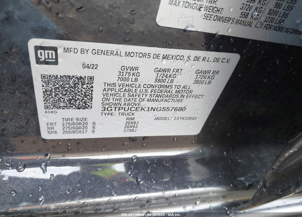 2022 GMC SIERRA 1500 4WD SHORT BOX ELEVATION WITH 3SB VIN: 3GTPUCEK1NG557680