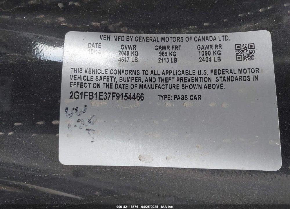 2015 CHEVROLET CAMARO 2LS VIN: 2G1FB1E37F9154466