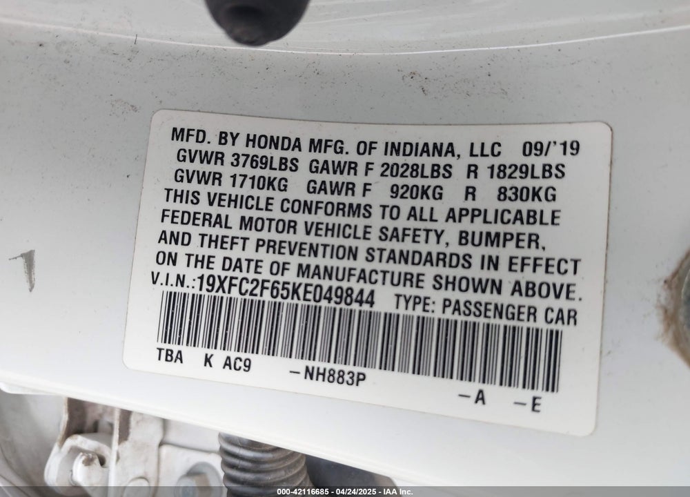 2019 HONDA CIVIC VIN: 19XFC2F65KE049844