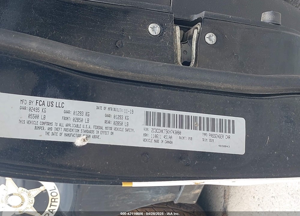 2019 DODGE CHARGER VIN: 2C3CDXKT5KH743080