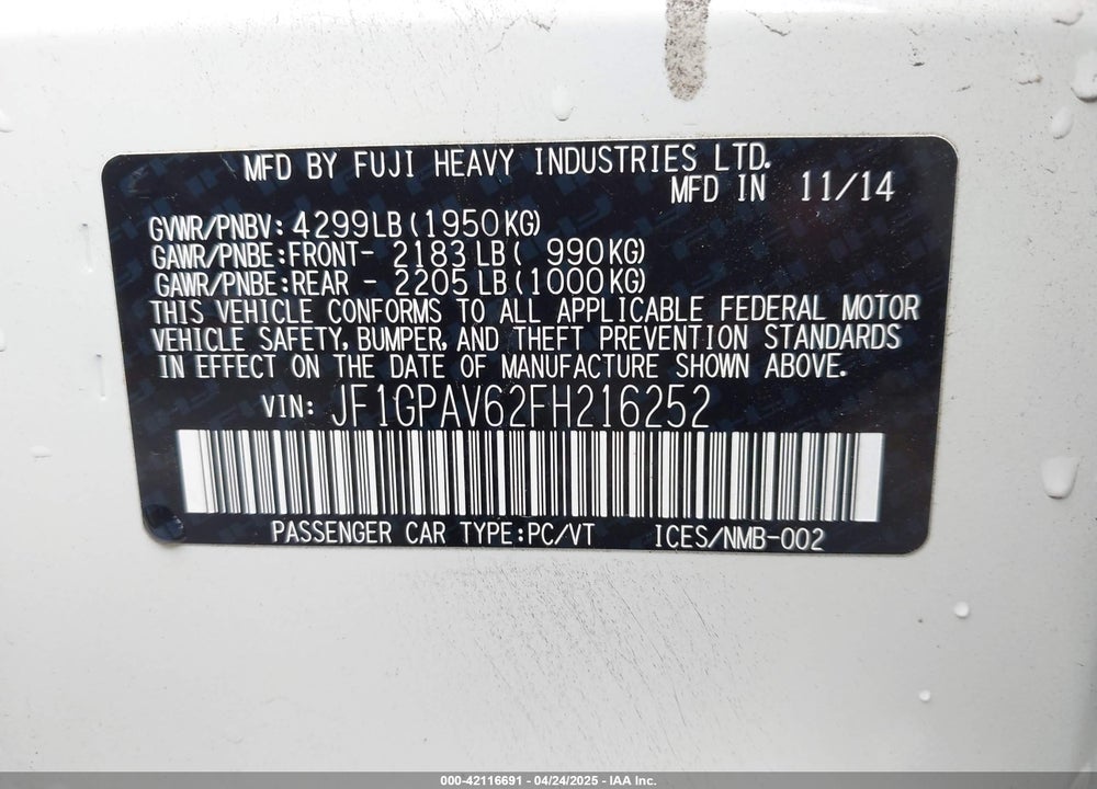 2015 SUBARU IMPREZA 2.0I SPORT LIMITED VIN: JF1GPAV62FH216252
