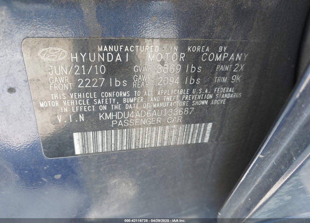 2010 HYUNDAI ELANTRA VIN: KMHDU4AD6AU133687