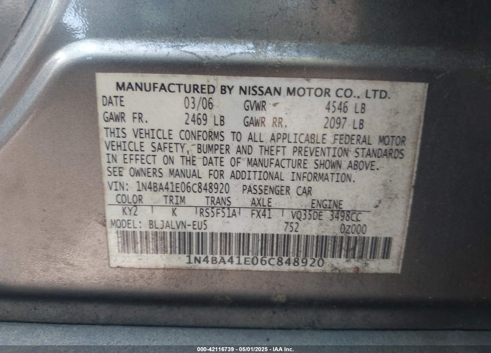 2006 NISSAN MAXIMA 3.5 SE VIN: 1N4BA41E06C848920