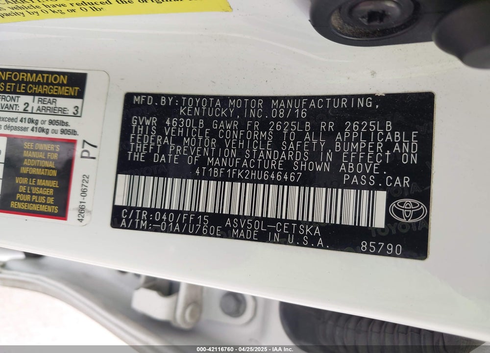 2017 TOYOTA CAMRY VIN: 4T1BF1FK2HU646467