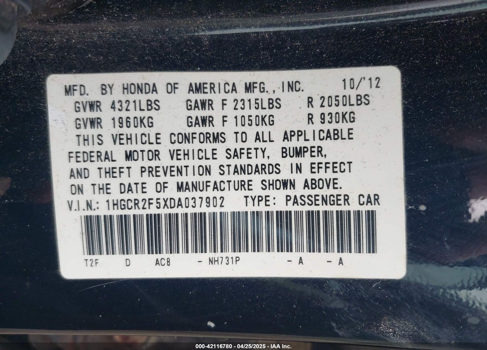 2013 HONDA ACCORD VIN: 1HGCR2F5XDA037902