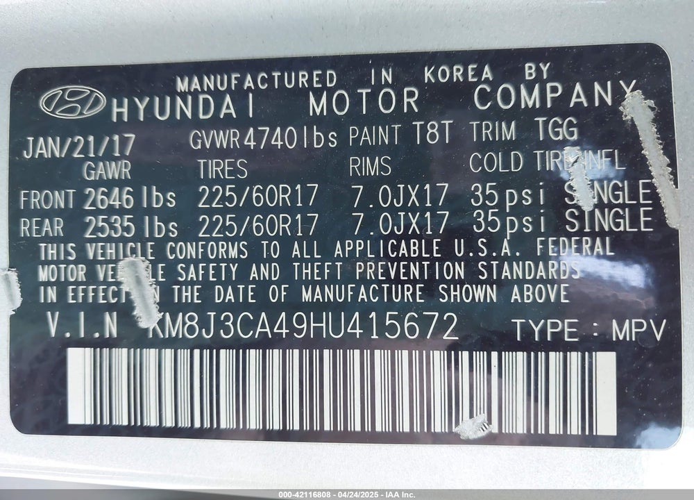 2017 HYUNDAI TUCSON VIN: KM8J3CA49HU415672