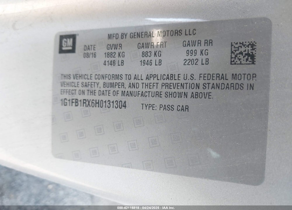 2017 CHEVROLET CAMARO VIN: 1G1FB1RX6H0131304