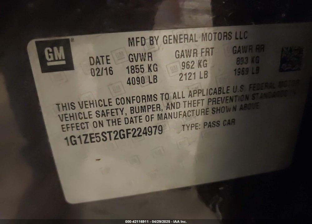 2016 CHEVROLET MALIBU VIN: 1G1ZE5ST2GF224979