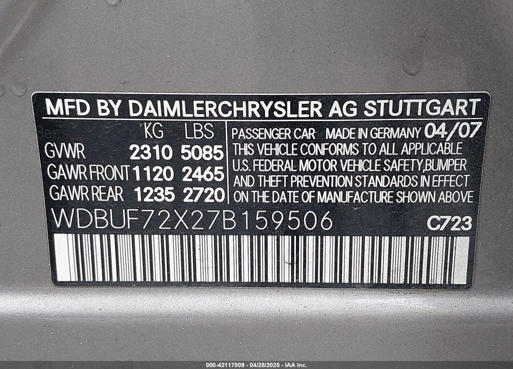 2007 MERCEDES-BENZ E 550 VIN: WDBUF72X27B159506