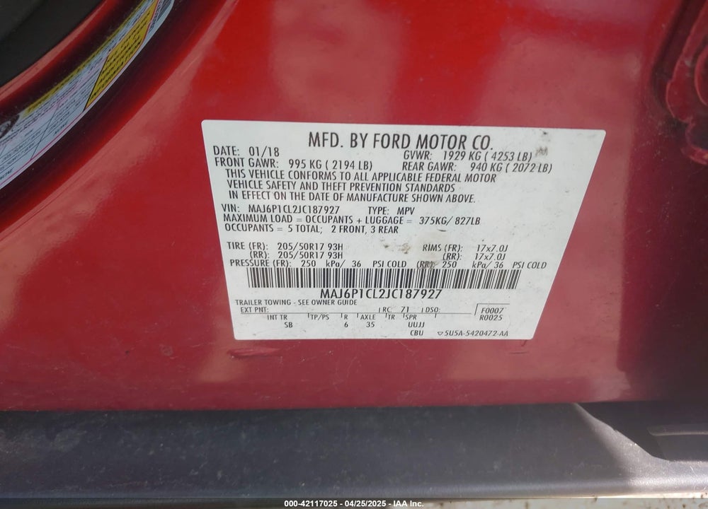2018 FORD ECOSPORT VIN: MAJ6P1CL2JC187927
