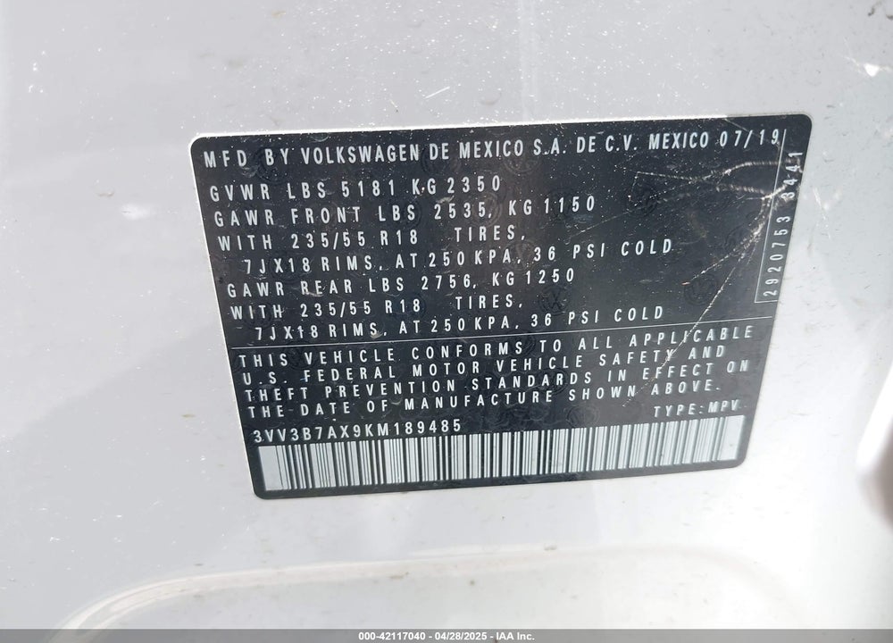 2019 VOLKSWAGEN TIGUAN 2.0T SE/2.0T SEL/2.0T SEL R-LINE/2.0T SEL R-LINE BLACK VIN: 3VV3B7AX9KM189485